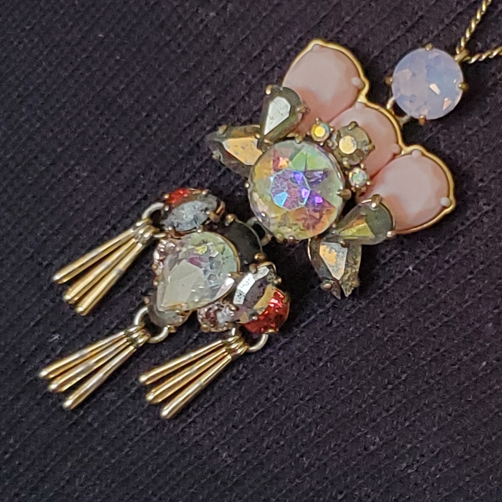 J. Crew brasstone chain necklace with rhinestone cluster pendant, pink bow